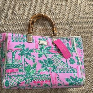 BRAND NEW Lilly Pulitzer Pink and Green Tote Bag with Bamboo Handles
